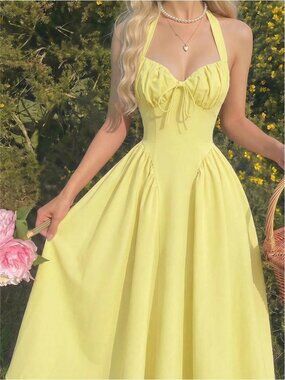 Halter Neck Ruched Bow Swing Dress,Pale Yellow,Summer,90s, Milkmaids